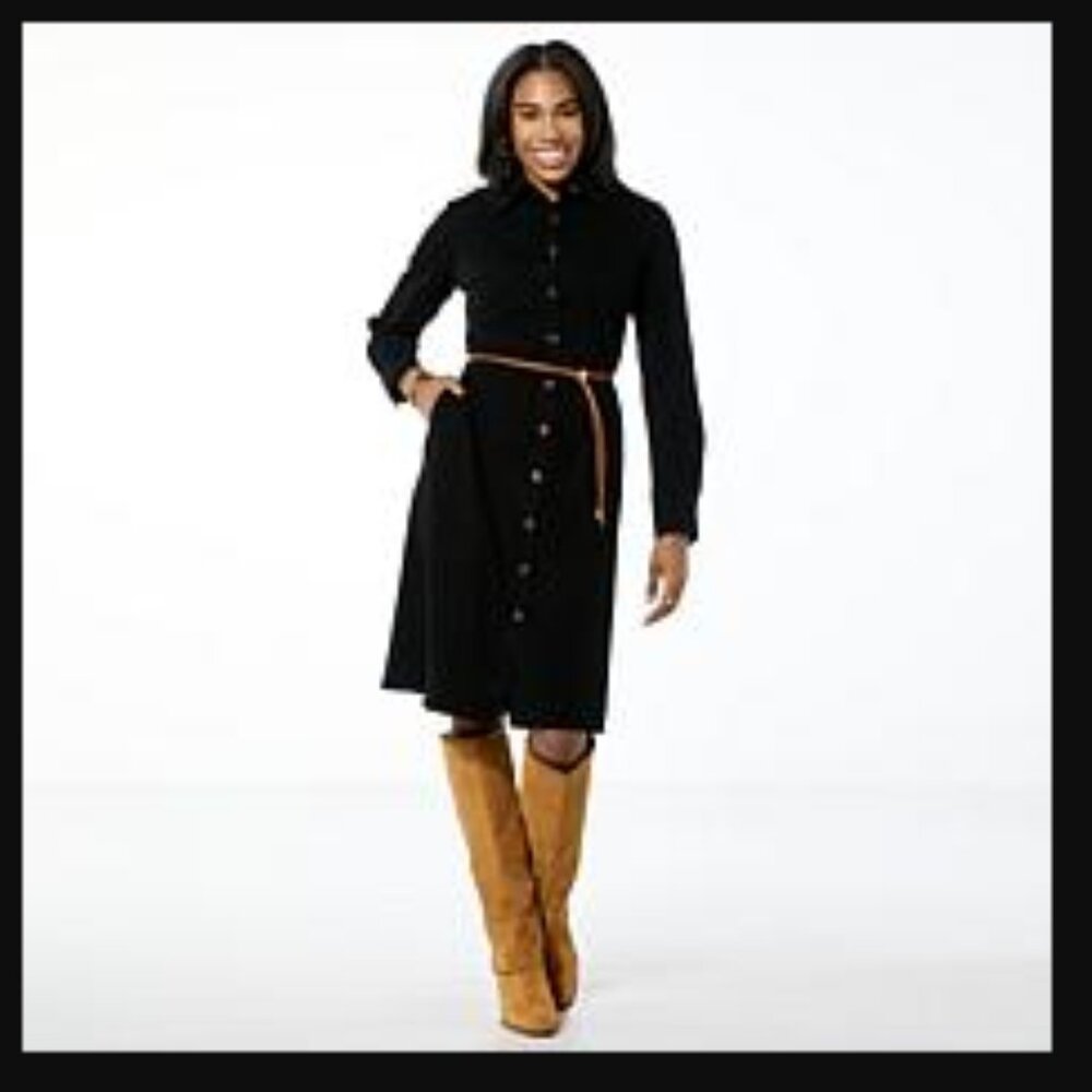 IMAN Global Chic Denim Dress W/ Faux Leather Belt - Size: Large - NWT